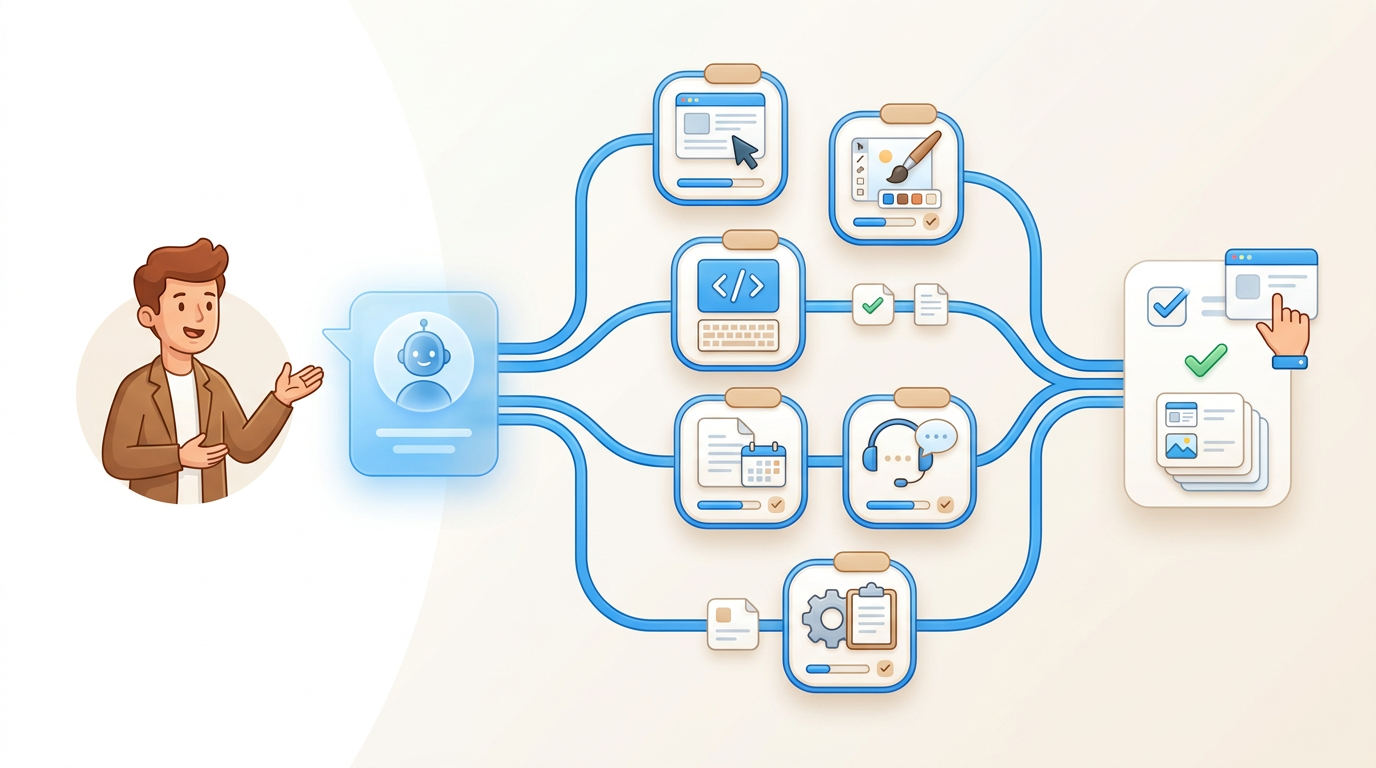 BreadHead.ai workflow illustration with owner control, CEO Agent routing, agent work pods, and review