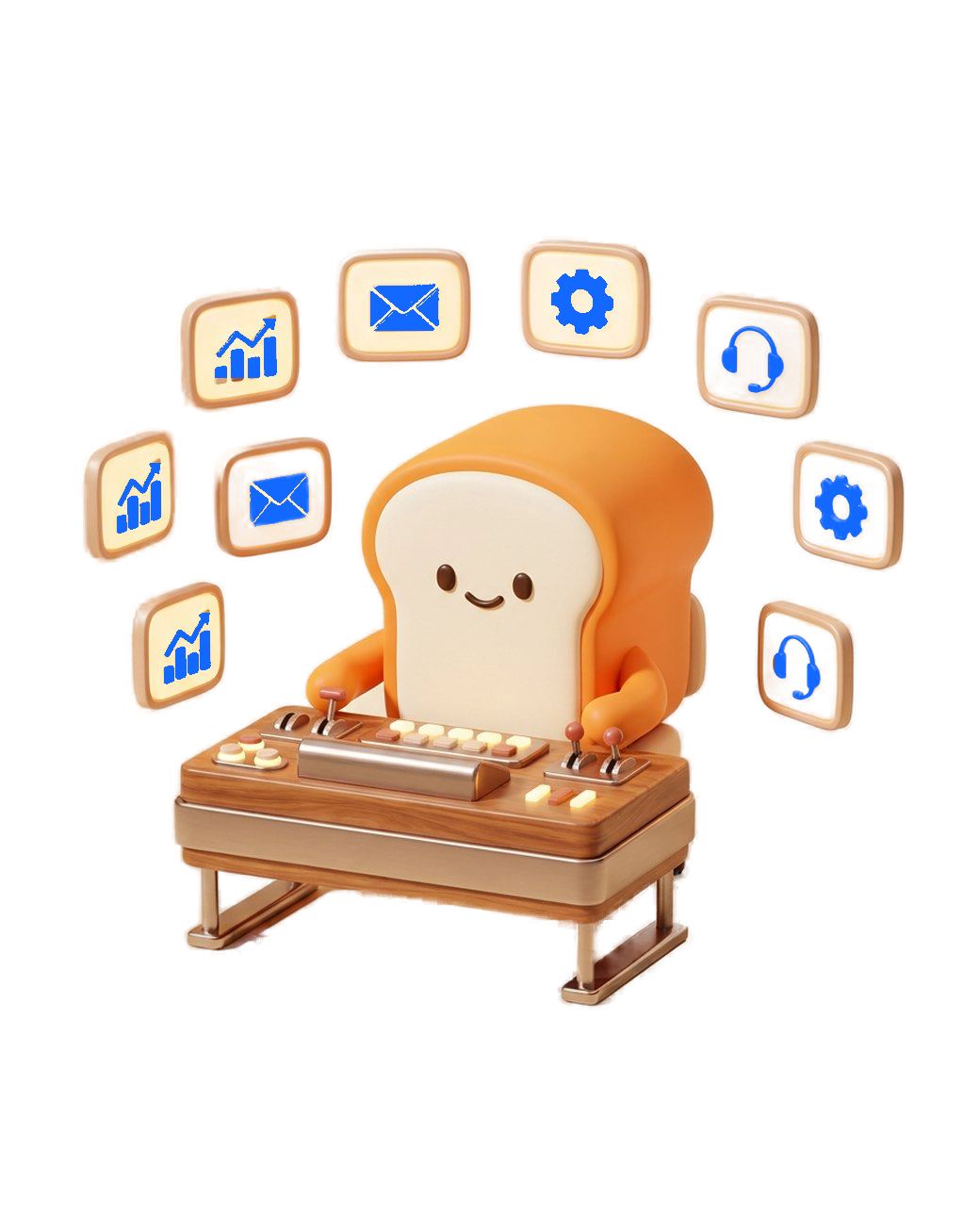 Friendly BreadHead mascot operating a cool blue command desk with support icons